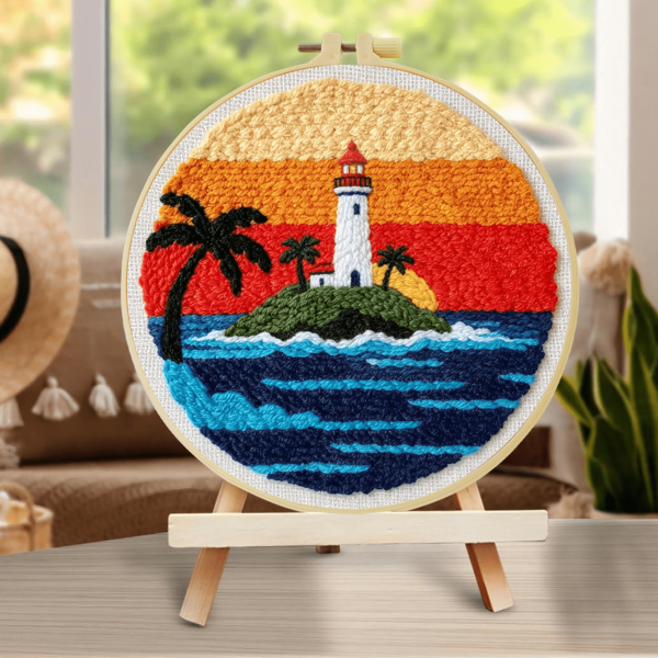 DIY Punch Needle Kit For Beginners Includes A Punch Needle, Yarn, Instructions, A Square Hoop And Pre-Printed Fabric , Lighthouse. A Creative Craft Project For Wall Decor Or As A Gift. 20 X 20 Cm /7.9 X 7.9 In.