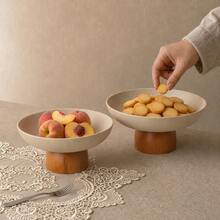 1pc 7.87/9.06inch Thick Ceramic Round Fruit Plate With Solid Wood Feet, Exquisite Dried Fruit Plate Dessert Plate, Creative Cake Plate Front Desk Candy Fruit Plate, Desktop Storage High Foot Plate - Stoneware+Brown - View 4