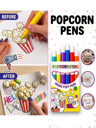 3D Puffy Popcorn Pen Set – Multi-Color, Easy To Use, Multi-Surface, Creates Raised Bubble Designs On Paper, Fabric, Glass & Wood. Quick Dry, No Shedding, Smooth Ink Flow. Perfect For DIY Crafts, Party Decor, Toys Decoration & Other Creative Fun.