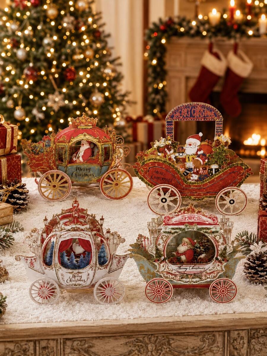 1pc 3D Christmas Pop-Up Greeting Card, Creative Holiday Paper Card, Elegant Carriage Design, Christmas Celebration Festival Decoration Card, Surprise Message Card - 3D - View 1