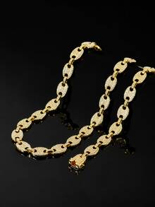 1 Set 13mm Wide Full Rhinestone Pig Nose Chain Necklace & Bracelet 2-Piece Set, Densely Inlaid Rhinestone Heavy Chain, Hip Hop Street Style Accessories, Rap Music Festival Party Unisex Gift Jewelry - Style NL2047 - View 8