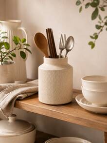 1pc Cream Ribbed Kitchen Utensil Holder, Large Capacity Utensil Crock For Spoons Forks Chopsticks Spatulas, Modern Farmhouse Countertop Organizer, Minimalist Kitchen Counter Decor - Multicolor - View 4