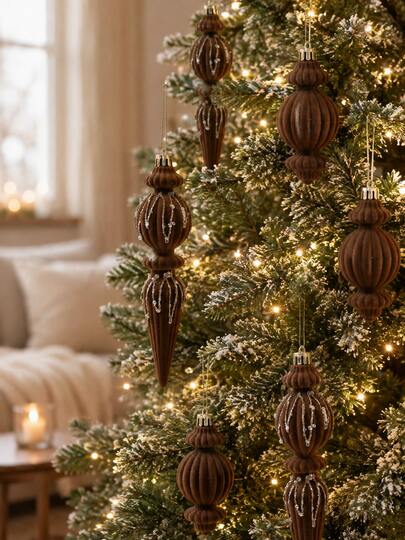 Juego de 12 piezas de adornos colgantes para árbol de Navidad color marrón, estilo exquisito de terciopelo con detalle de cuentas, serie de adornos colgantes de decoración navideña de lujo, adecuado para árbol de Navidad, sala de estar del hogar, chimenea, fiesta, boda y decoración de vacaciones de invierno