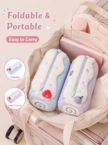 Cute Swiss Roll Plush Pencil Case, Large Capacity Toiletry Bag, Foldable Storage Bag, High-Quality Sweet Stationery Organizer, Suitable For Students - Multicolor - View 3
