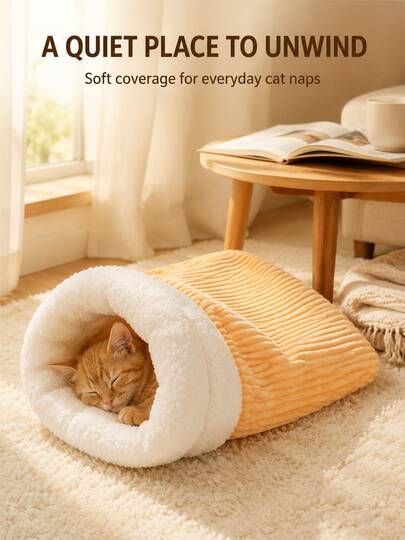 Autumn/Winter Thickened Enclosed Cat Bed, Warm Semi-Cave Cat Bed, Comfortable Cat Mat For Kittens. High-Wrap Cave Structure Provides Kittens With Full Sense Of Security, Thick Plush Lining Locks In Warmth And Prevents Cold, Soft And Skin-Friendly. Can Be Used As An Enclosed Cat Bed Or Flat Cat Mat, Moderate Space, Suitable For Kittens And Small Cats, Home Winter Warm Pet Sleeping Bed.