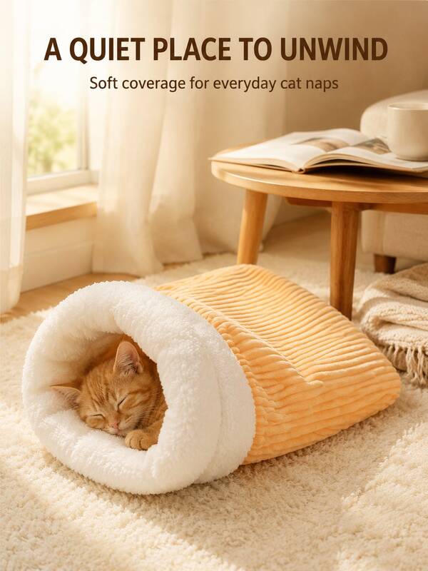 Autumn/Winter Thickened Enclosed Cat Bed, Warm Semi-Cave Cat Bed, Comfortable Cat Mat For Kittens. High-Wrap Cave Structure Provides Kittens With Full Sense Of Security, Thick Plush Lining Locks In Warmth And Prevents Cold, Soft And Skin-Friendly. Can Be Used As An Enclosed Cat Bed Or Flat Cat Mat, Moderate Space, Suitable For Kittens And Small Cats, Home Winter Warm Pet Sleeping Bed.