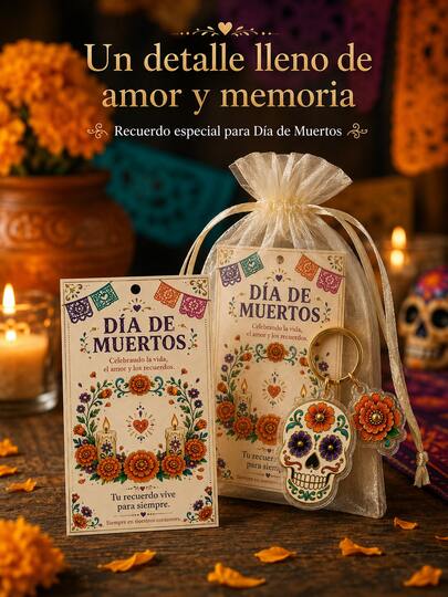 20 Sets Mexican Memorial Gift Set For Family, Includes Skull & Marigold Keychain Gift Set With Spanish Memorial Card And Organza Bag, "Day Of The Dead" Party Favors - Suitable For Family Celebrations Mexican Style Memorial Gifts