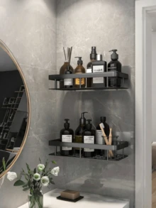 1pc No-Drill Adhesive Bathroom Shelf, With 2 Hooks, Minimalist Shower Corner Storage Rack, Waterproof Plastic Toiletries Organizer, Suitable For Shampoo And Bathroom Accessories, Ideal For Renters - A - View 10