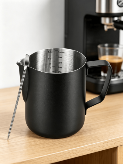 Lattiera in acciaio inox da 350 ml per montare il latte, dotata di penna per latte art e bilancia, ideale per preparare cappuccino, espresso e come lattiera da barista a casa.