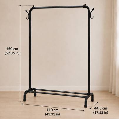 Freestanding Carbon Steel Garment Rack With Double Side Hooks And 2 Bottom Storage Bars, U-Shaped Base, Clothing Rack And Clothes Organizer For Bedroom, Entryway, Laundry Room And Closet