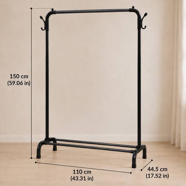 Perchero de acero al carbono independiente con ganchos de doble cara y 2 barras de almacenamiento inferiores, base en forma de U, perchero y organizador de ropa para dormitorio, entrada, lavandería y armario