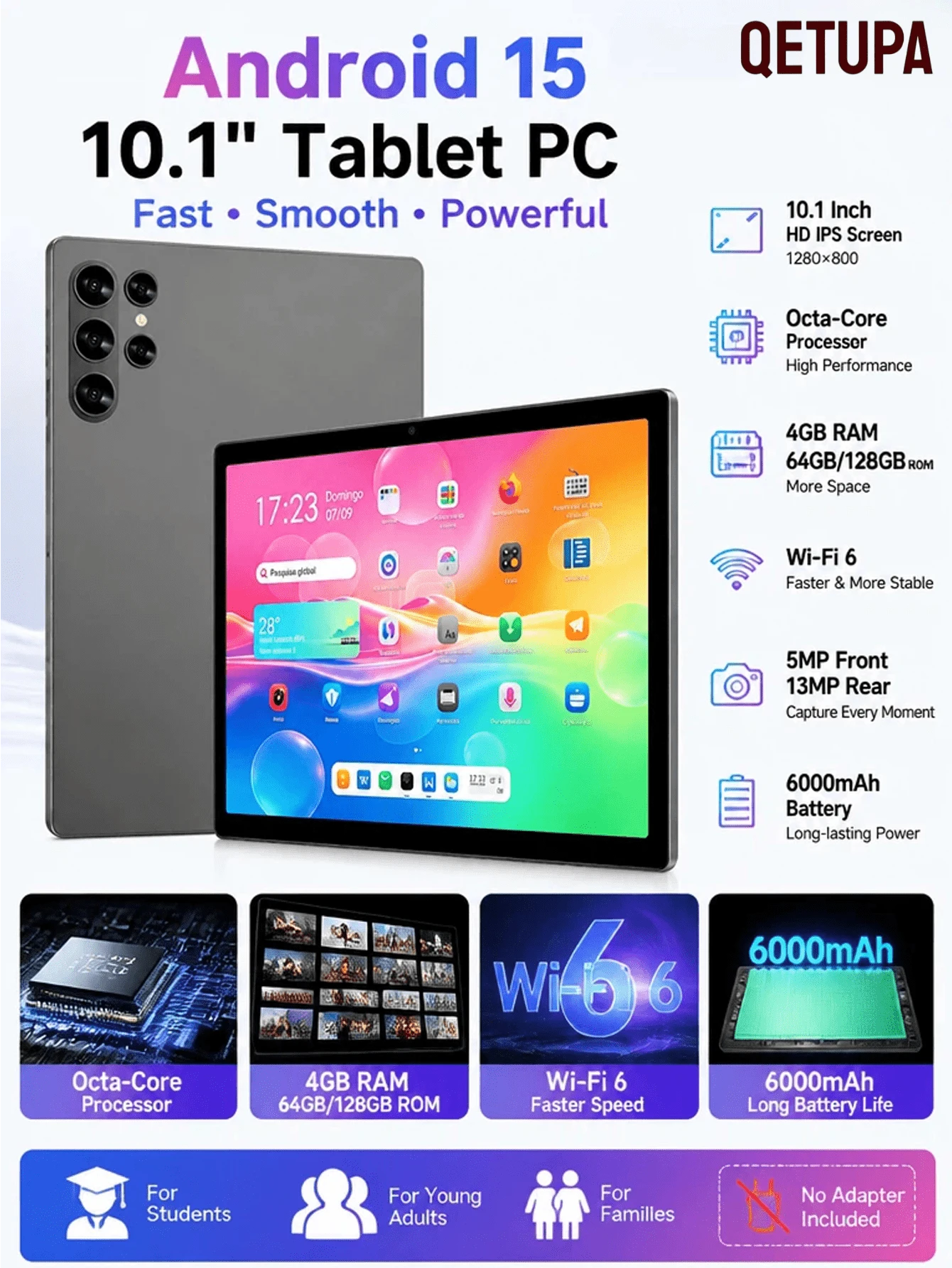 Qetupa Android 15 Tablet PC, 10.1-Inch Display, 4GB RAM, 128GB ROM, Wi-Fi 6, 5MP Front/13MP Rear Camera, 1280*800 IPS Touchscreen, 6000mAh Battery