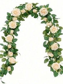 2/1 pieza Corona de enredadera de rosas artificiales color champán, guirnalda de flores artificiales, corona de rosas falsas, adecuada para decoración navideña, decoración de regalo del Día de San Valentín, decoración de regalo del Día de la Madre, decoración de boda, decoración de gabinete, decoración de pared interior, decoración de mesa, decoración de habitación, decoración de barandilla de escalera - Champán - Ver 1