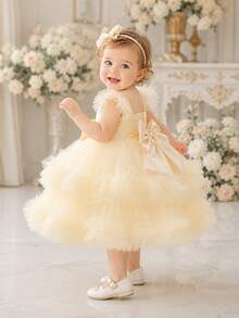 Baby Girl Princess Dress With Flutter Sleeves And Puff Skirt, Flower Girl Outfit For Evening Party, 1st Birthday, Baptism - Champagne - View 5