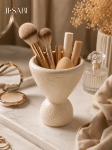 1pc Textured Cream Makeup Brush Holder, Abstract High-Footed Goblet Shaped Vanity Storage Box, 2-In-1 Cosmetic Organizer & Dried Flower Vase, Minimalist Wabi-Sabi Style Bathroom Vanity Home Decor - Stone Cave Storage - View 2