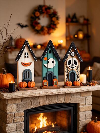2D Flat, 2D Flat Houten Halloween Decoratieve Plaquettes, Set Van 3, Feestdecoratie, Perfect Vakantiecadeau, Muurdecoratie Voor Thuis, Welkomstbord, Decoratieve Ornament Voor Op Het Bureau, Kerstdecoratie, Geschikt Voor Alle Gelegenheden, Vintage, Rustiek, Thuis