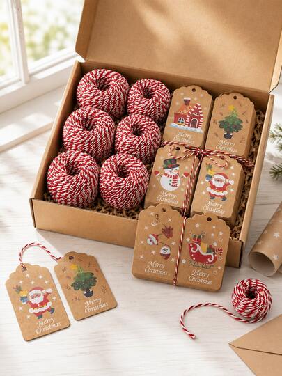 Christmas Gift Tags With Red And White Twine, Kraft Paper Hang Tags For Gift Wrapping, Cute Santa Claus Snowman Christmas Tree Labels, Holiday Gift Tags, DIY Handmade Packaging Decoration, Rustic Christmas Party Supplies And Craft Accessories