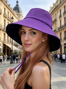 Reversible Black & Purple Wide Brim Bucket Hat For Women, Foldable Windproof Rope Sun Hat, UV Protection Wide Brim Sun Hat For Outdoor, Vacation, Beach, Travel - A - View 9