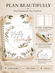 1pc 2026 Floral Monthly Planner For Women, Jan-Dec Calendar With Gold Spiral & To-Do Pages, Office Desk Accessories Note Books For School Teacher Accessories, Halloween Gifts - A - View 4