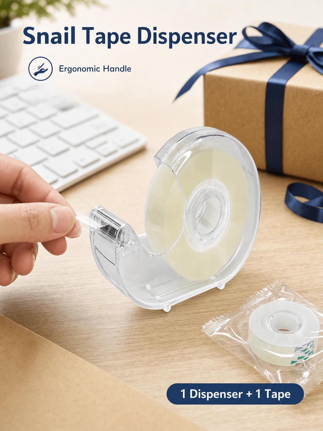 1pc Premium Snail-Shaped Tape Dispenser With 1 Roll Of Clear Tape, Durable And , Easy To Refill, Convenient Storage, Ready To Use, Instant Cut, Office Supplies Tape, Desk Accessories, Cute Stationery Set, School Supplies, Tape Dispenser With Adhesive Set, Clear Tape Dispenser, Perfect For Office, Crafts, Artists, Home Scrapbooking, School, Gift Wrapping And Shipping Packaging, Home Packaging Supplies (Tape Refills Available For Purchase)