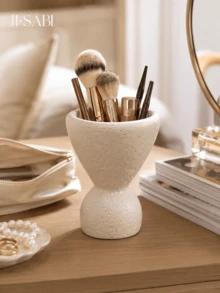 1pc Textured Cream Makeup Brush Holder, Abstract High-Footed Goblet Shaped Vanity Storage Box, 2-In-1 Cosmetic Organizer & Dried Flower Vase, Minimalist Wabi-Sabi Style Bathroom Vanity Home Decor - Stone Cave Storage - View 8