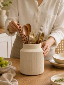 1pc Cream Ribbed Kitchen Utensil Holder, Large Capacity Utensil Crock For Spoons Forks Chopsticks Spatulas, Modern Farmhouse Countertop Organizer, Minimalist Kitchen Counter Decor - Multicolor - View 3