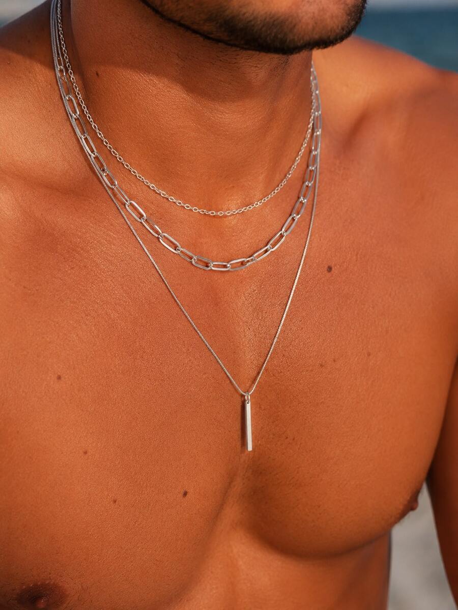 3pcs/Set Men's Silver Multi-Layer Stacked Chain Necklace With Long Pendant Design, Minimalist Versatile European & American Street Style Jewelry, Suitable For Daily Casual Wear - Silver - View 1