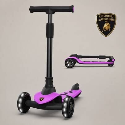 Lamborghini Kids Scooter,Big Wheels Foldable Kick Scooter, Flashing Lights, Adjustable Height,3 Wheel Scooter For Kids Aged 3+ (Purple)