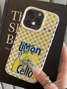 1pc White Checkerboard Lemon Cocktail Personalized Minimalist Full Coverage TPU Anti-Drop Phone Case Compatible With Apple 18 17 16 15 14 13 12 11 Pro Max Air And Series - Multicolor - View 2