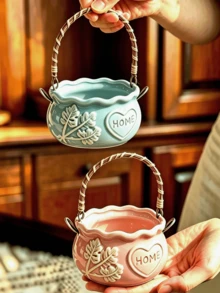 1PC Creative Personalized Succulent Small Handheld Flower Pot Ceramic Embossed Coarse Pottery Breathable Fresh Succulent Plant Gardening Potted Plant Desktop Decoration Home Decor Ornament - A - View 5
