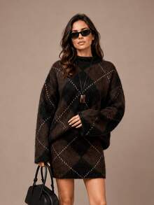 HZXVIC Women's Fashion Autumn New Collection Retro Elegant Diamond Grid High Collar Sweater Skirt Set Fall - Brown - View 6