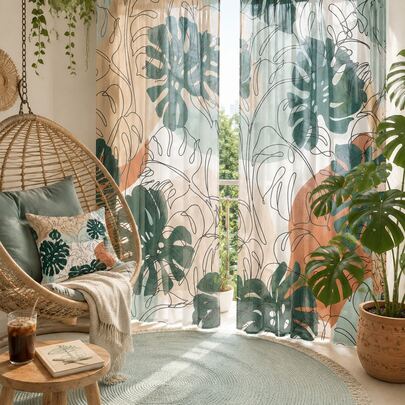 2PCS Colorful Artistic Palm Leaves Print Light Sheer Curtains,Semi-Sheer For Privacy Protection. Easy Rod Pocket Installation, Quick-Dry, Fade-Resistant After Washing, Lightweight And Washable. Ideal For Home, Room And Kitchen Decor & Space Dividers.