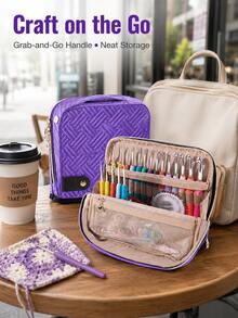 Multifunctional Crochet Hook Carrying Bag, Large Capacity Quilted Knit Needle Storage Pouch, Portable Zipper Handheld Organizer With Multiple Elastic Slots And Mesh Pockets, Suitable For Storing Various Crochet Hooks And Sewing Accessories, Ideal For Travel And Home Use - C-Multicolor Set - View 5