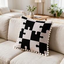 1PC Black White Puzzle Print Pillow Cover Pom Pom Tassel Edge Geometric Decorative Throw Pillow Sofa Couch Bedroom Home Decor - Multicolor - View 11