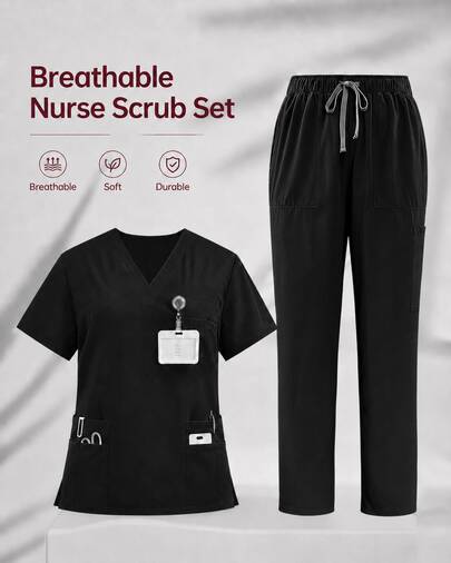 Women's Scrub Set, V Neck Medical Uniform Top & Pants With Pockets, Comfortable Nurse Workwear Suit For Healthcare Professionals, Hospital Doctor Work Outfit