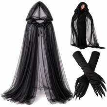 Adult Halloween Witch Hooded Cloak + Gothic Vampire Long Claw Gloves Set, Black Long Mesh Cape With Adjustable Drawstring, Unisex, Suitable For Halloween Party, Cosplay, Theme Party, Witch Vampire Costume - Multicolor - View 8