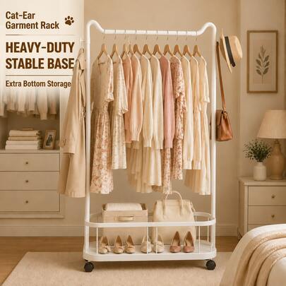 1pc Lightweight Carbon‑Steel Garment Rack, Freestanding Metal Clothes Rack With Dual‑Tier Bottom Storage Bar, Stable Curved Base Clothing Organizer For Bedroom Apartment Balcony