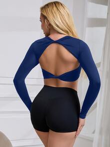 ATTRACO Solid Color Twist Cropped Long Sleeve Sports T-Shirt With Chest Pad - Royal Blue - View 3