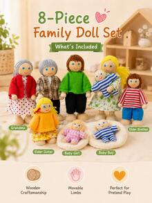 8pcs Set Posable Wooden Dollhouse Figures, Mini Family Dolls With Flexible Limbs, Suitable For Role Play DIY Scenes, Home Decor Creative Gift - Multicolor - View 2