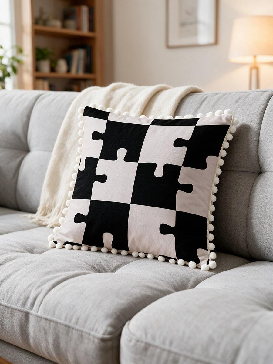 1PC Black White Puzzle Print Pillow Cover Pom Pom Tassel Edge Geometric Decorative Throw Pillow Sofa Couch Bedroom Home Decor - Multicolor - View 1