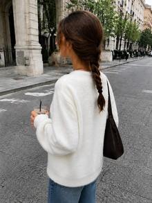 Women's Cozy White Knit Cardigan Long Sleeve Regular Length Round Neck Medium Stretch For Fall Outfits - White - View 4