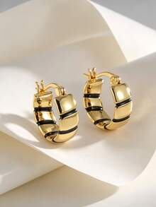 Charm-In 18K Gold Plated Copper Chunky Black Stripe Huggie Hoop Earrings, Click-Top Earrings For Women, Daily Office Party Statement Jewelry Gift - Gold - View 1