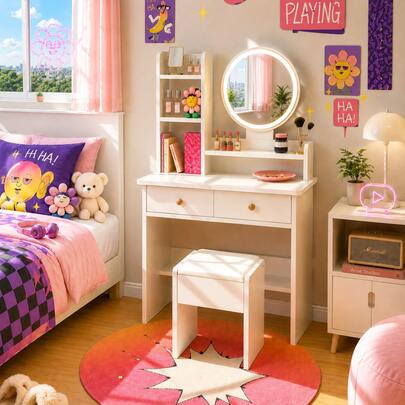 Illuminated Beauty Vanity Dressing Table With LED Ring Mirror, Vertical Multi-Zone Storage System For Skincare, Lipstick, Eyeshadow & Perfume, Minimal Cream White Makeup Dresser With Closed Hidden Cabinet, Compact Furniture For Girly Bedroom Decor