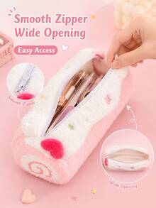 Cute Swiss Roll Plush Pencil Case, Large Capacity Toiletry Bag, Foldable Storage Bag, High-Quality Sweet Stationery Organizer, Suitable For Students - Multicolor - View 7