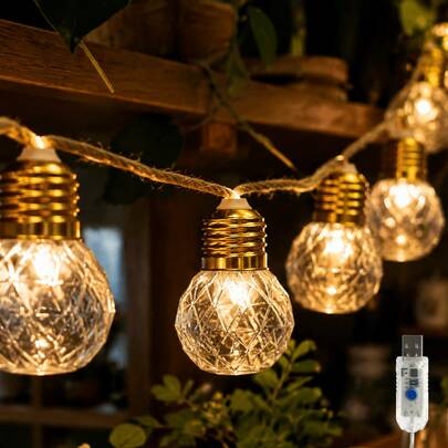 1pc USB Vintage Rope Ice Ball Bulb Pendant Light, Crystal Ball Shaped String Lights, 240/160/80 LED, 8 Modes Fairy Lights, Suitable For Christmas Party, Yard, Fence, Camping, Valentine's Day, Mother's Day