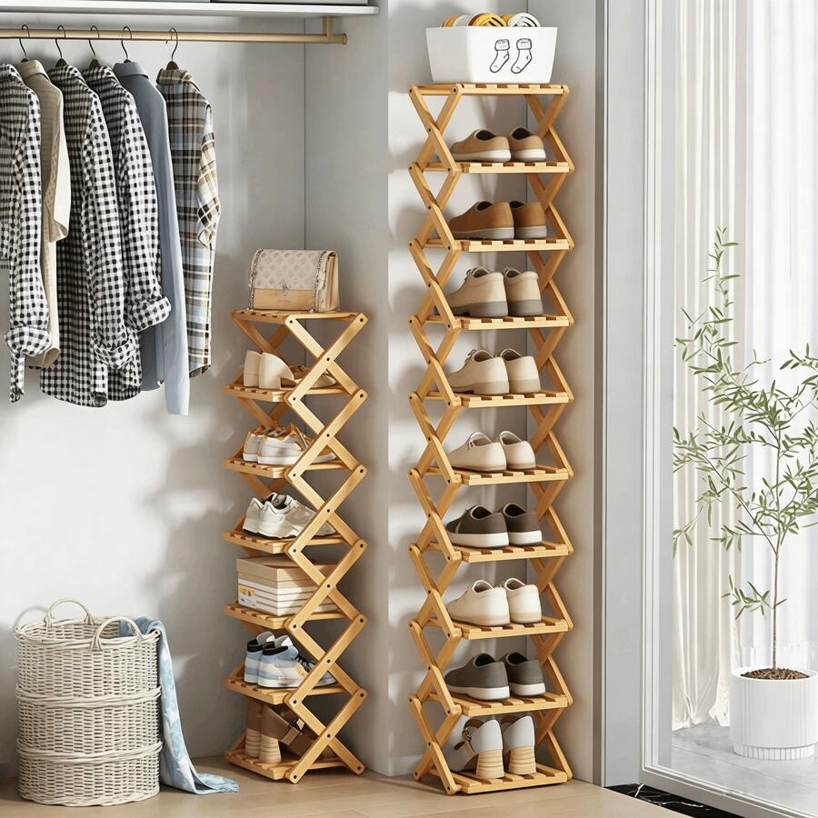 1pc Foldable Freestanding Narrow Bamboo Shoe Rack, Portable Space-Saving Shoe Tower, No Assembly Required, Suitable For Entryway, Hallway, Bedroom, Living Room Corner And Small Spaces