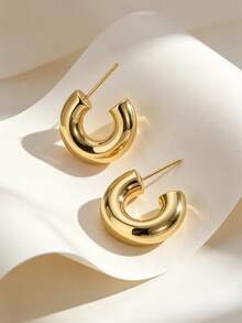 Charm-In 18K Gold Plated Chunky Open C‑Shaped Hoop Earrings For Women Thick Smooth Gold Huggie Hoops, Minimalist Statement Jewelry For Daily Wear & Party - Gold - View 1