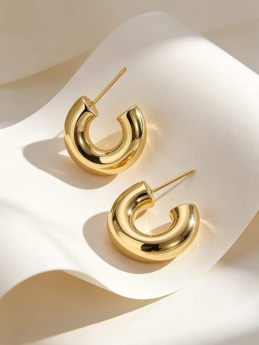 Charm-In 18K Gold Plated Chunky Open C‑Shaped Hoop Earrings For Women Thick Smooth Gold Huggie Hoops, Minimalist Statement Jewelry For Daily Wear & Party - Gold - View 1