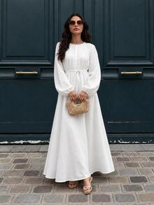 Women's Solid Yellow Belted Maxi Dress, Long Sleeve Flowy A-Line Dress With Tie Waist - White - View 1