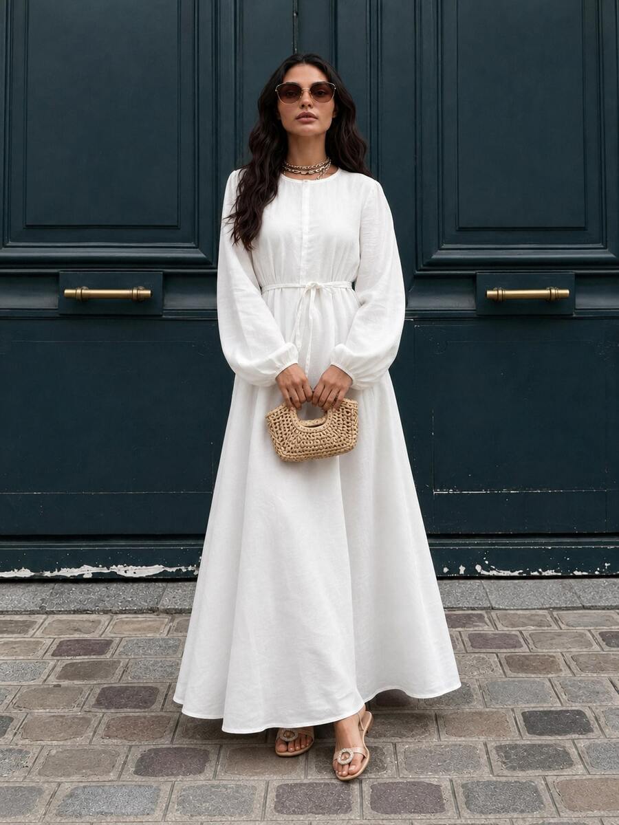 Women's Solid Yellow Belted Maxi Dress, Long Sleeve Flowy A-Line Dress With Tie Waist - White - View 1